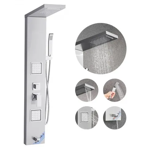 VEVOR Shower Panel Tower System with Rainfall Waterfall Shower Head, 53 in Brushed Stainless Steel Shower Column, 5-Function Faucet, Wall-Mount Rain Massage System with 2 Body Jet, Handheld, Tub Spout