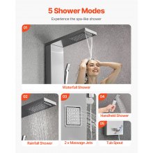 Shower Panel Tower System Stainless Steel Column Rainfall Head Massage Jet 5Mode