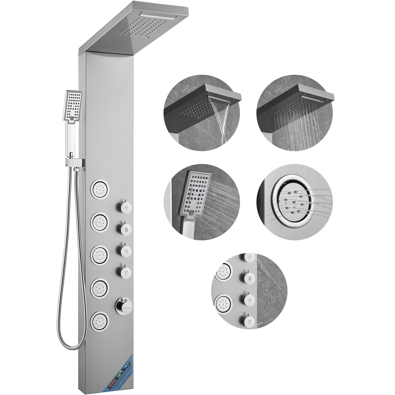 Sweiko Shower Panel System, 4 Shower Modes Shower Panel Tower, Rainfall, Waterfall, 5 Full Body Massage Jets and 3-Setting Handheld Shower Head with 59" Hose, Stainless Steel Wall-Mounted Shower Set Sweiko Shower Panel System, 4 Shower Modes Shower Panel Tower, Rainfall, Waterfall, 5 Full Body Massage Jets and 3-Setting Handheld Shower Head with 59" Hose, Stainless Steel Wall-Mounted Shower Set