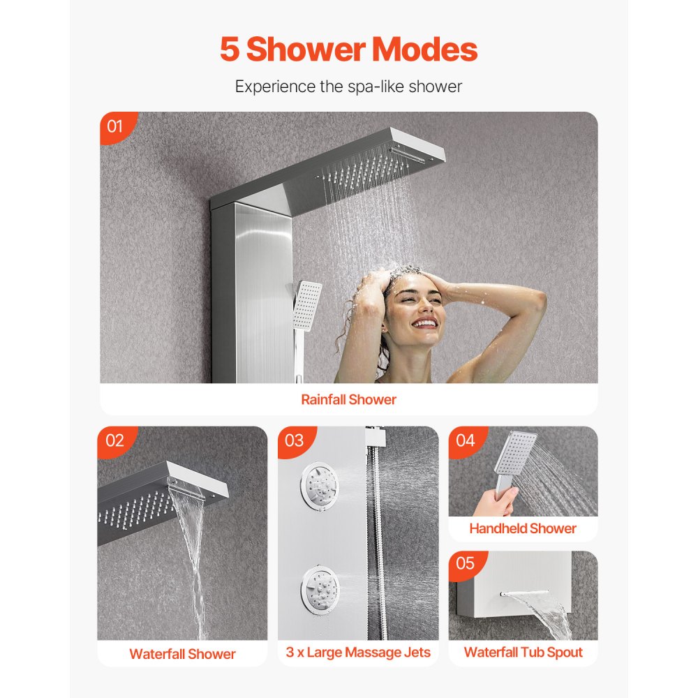 VEVOR Shower Panel Tower System with Rainfall Waterfall Shower Head, 53 in Brushed Stainless Steel Shower Column, 5-Function Faucet, Wall-Mount Rain Massage System with 3 Body Jet, Handheld, Tub Spout