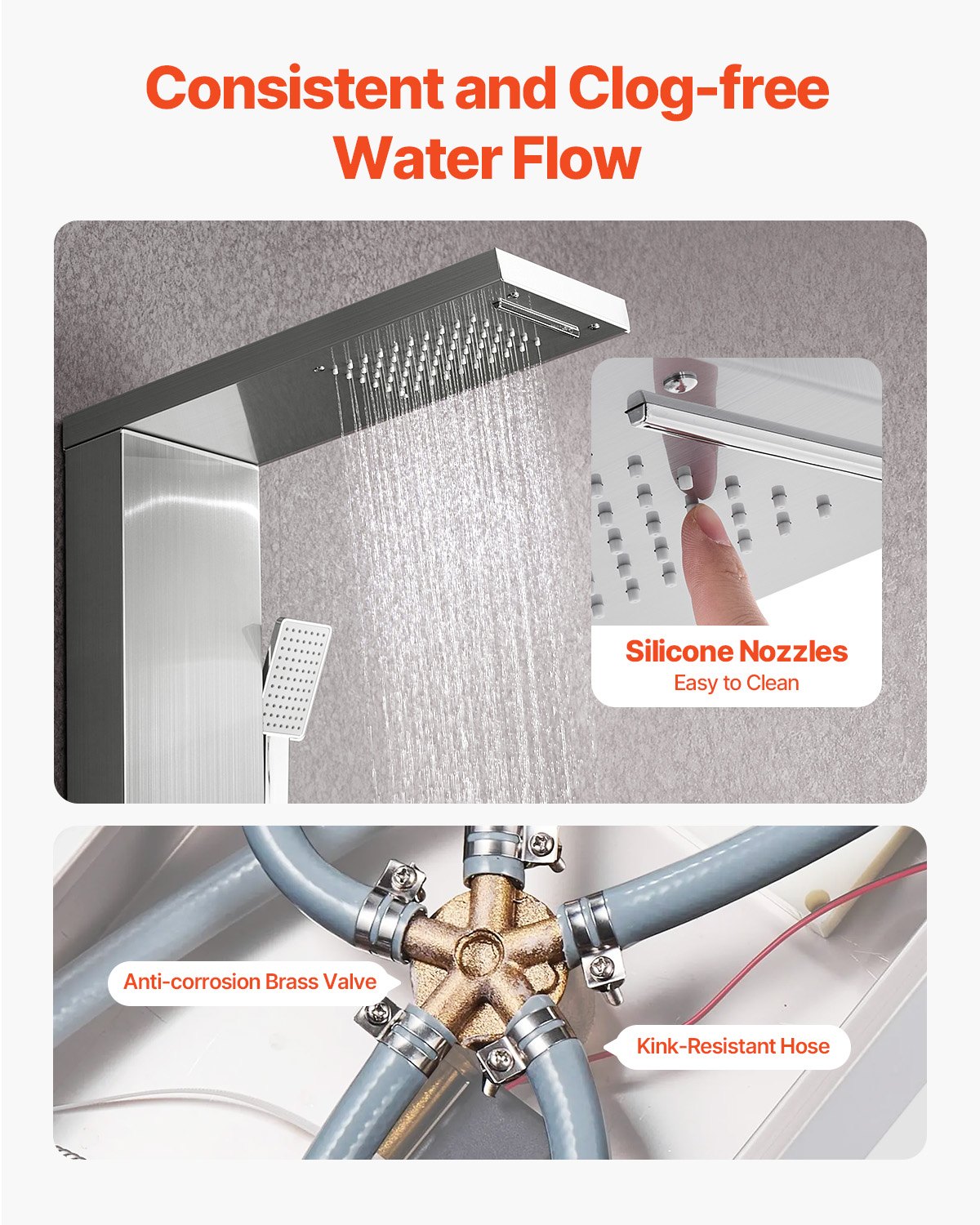 VEVOR Shower Panel Tower System with Rainfall Waterfall Shower Head, 53 in Brushed Stainless Steel Shower Column, 5-Function Faucet, Wall-Mount Rain Massage System with 3 Body Jet, Handheld, Tub Spout