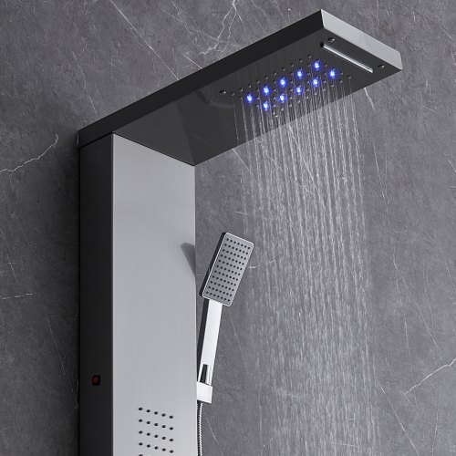 YAGATAP LED Shower Panel Tower – 48" Stainless Steel, Matte Black, Multi-Function Jets, LCD Display