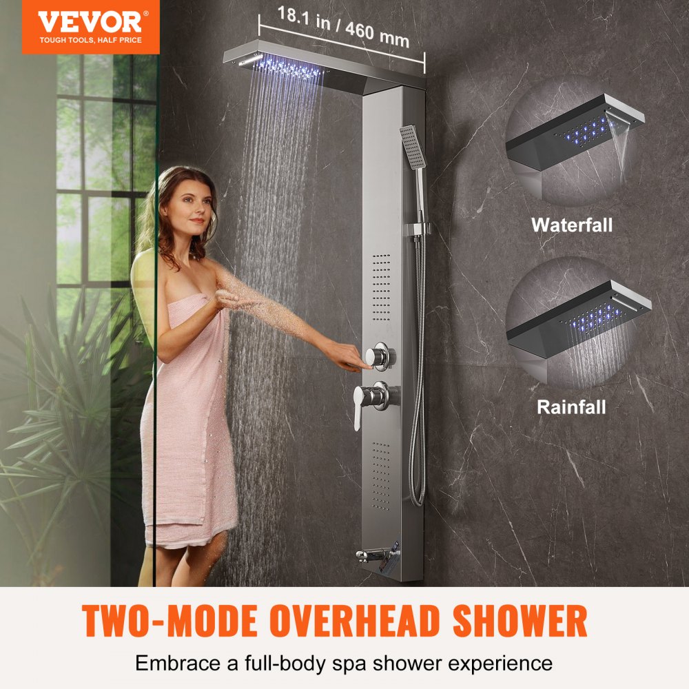 VEVOR shower panel system, 5 shower modes, LED shower panel tower, rainfall, waterfall, 2 body massage jets, bath spout, hand shower with 59-inch hose, wall-mounted stainless steel shower set