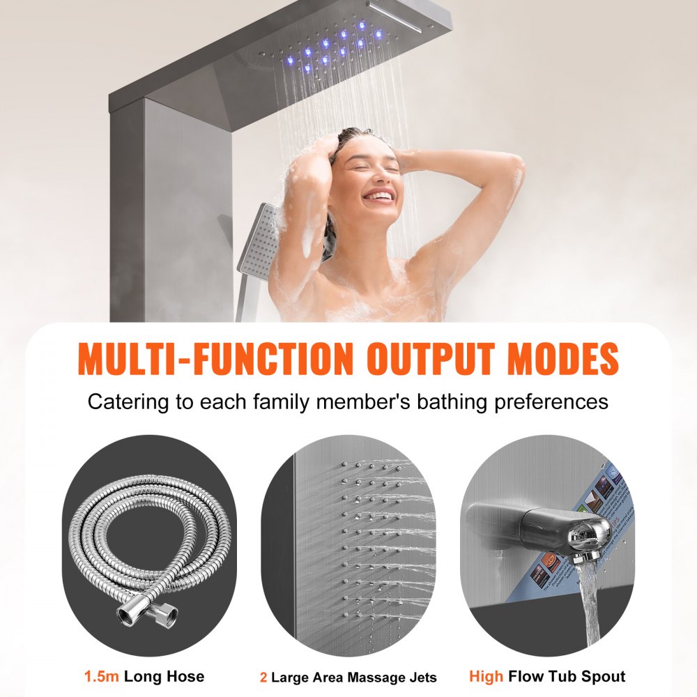 VEVOR shower panel system, 5 shower modes, LED shower panel tower, rainfall, waterfall, 2 body massage jets, bath spout, hand shower with 59-inch hose, wall-mounted stainless steel shower set