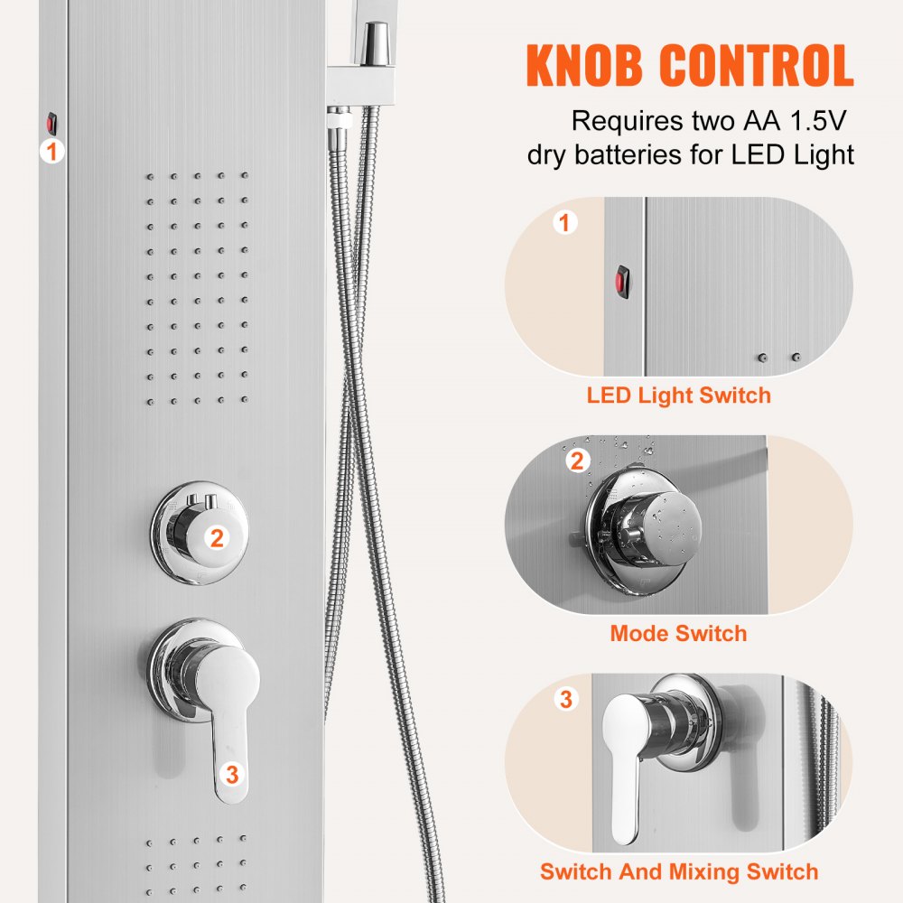 VEVOR shower panel system, 5 shower modes, LED shower panel tower, rainfall, waterfall, 2 body massage jets, bath spout, hand shower with 59-inch hose, wall-mounted stainless steel shower set