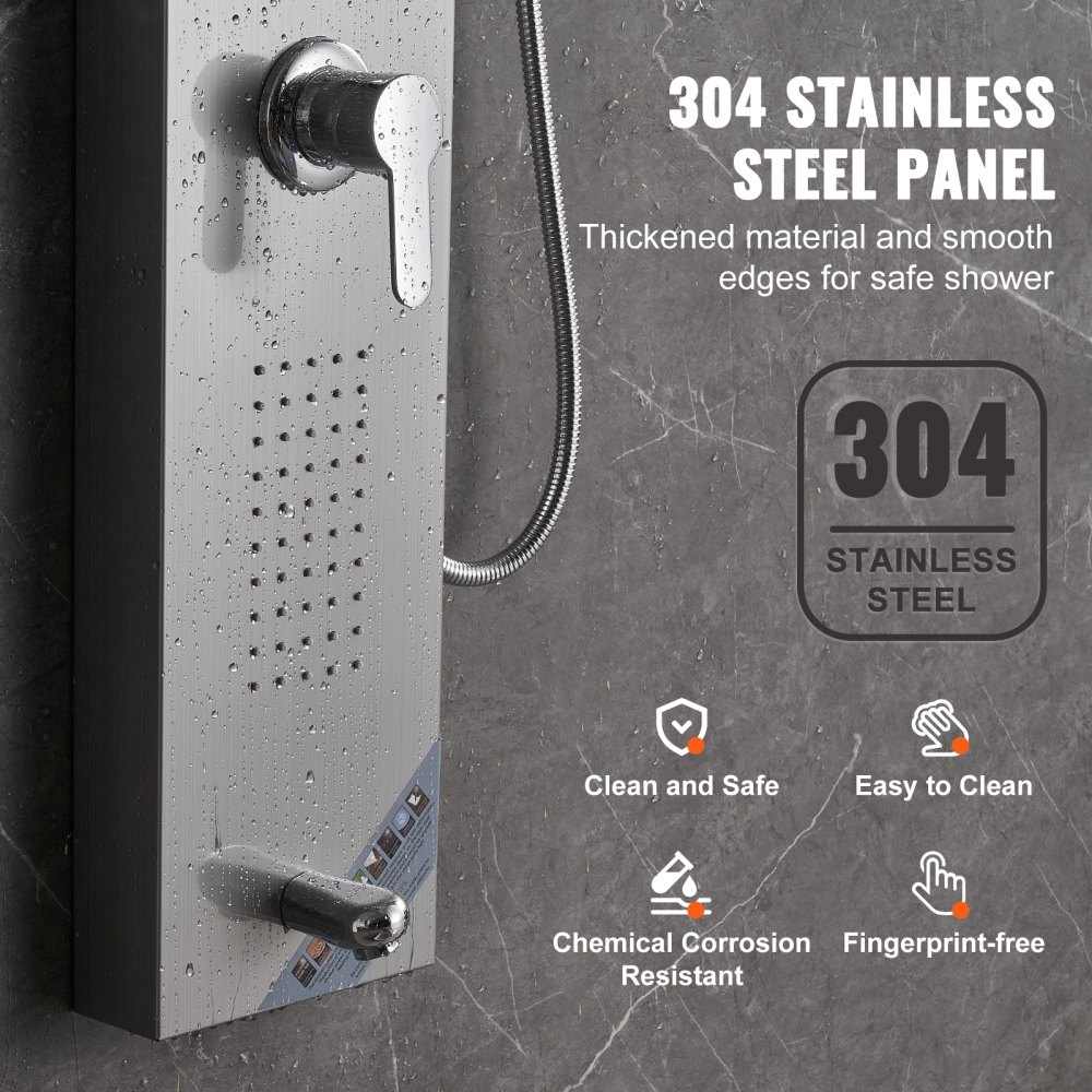 VEVOR shower panel system, 5 shower modes, LED shower panel tower, rainfall, waterfall, 2 body massage jets, bath spout, hand shower with 59-inch hose, wall-mounted stainless steel shower set