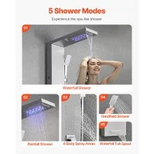 Shower Panel Tower System Stainless Steel Column Rainfall Waterfall Head 5 Modes