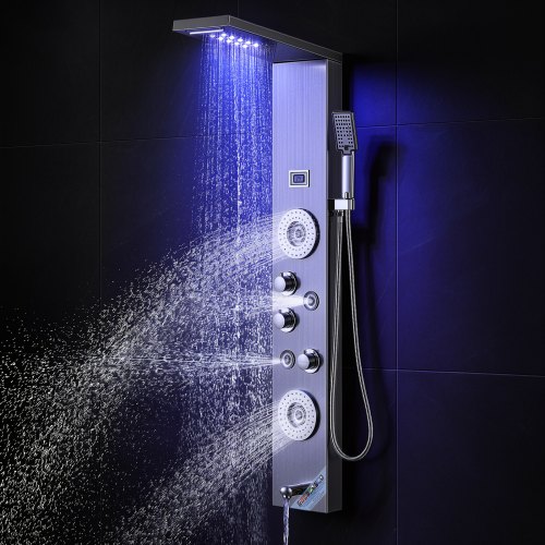 Stainless Steel LED Shower Panel Tower – 6 Jets, Rain & Waterfall Head, 5 Spray Modes