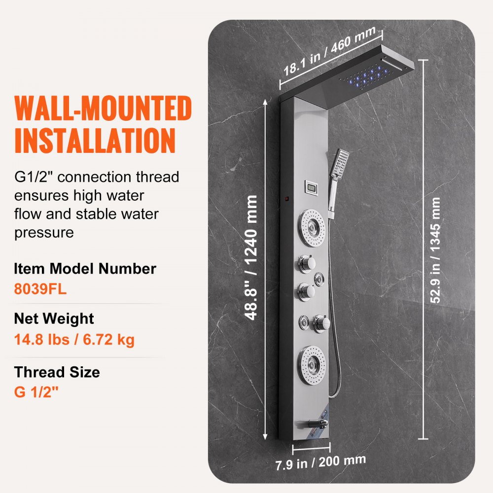 VEVOR Shower Panel System, 6 Shower Modes, LED & Display Shower Panel Tower, Rainfall, Waterfall, 4 Body Massage Jets, Tub Spout, Handheld Shower Head 59" Hose, Stainless Steel Wall-Mounted Shower Set
