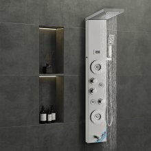 VEVOR Shower Panel System, 6 Shower Modes, LED & Display Shower Panel Tower, Rainfall, Waterfall, 4 Body Massage Jets, Tub Spout, Handheld Shower Head 59" Hose, Stainless Steel Wall-Mounted Shower Set