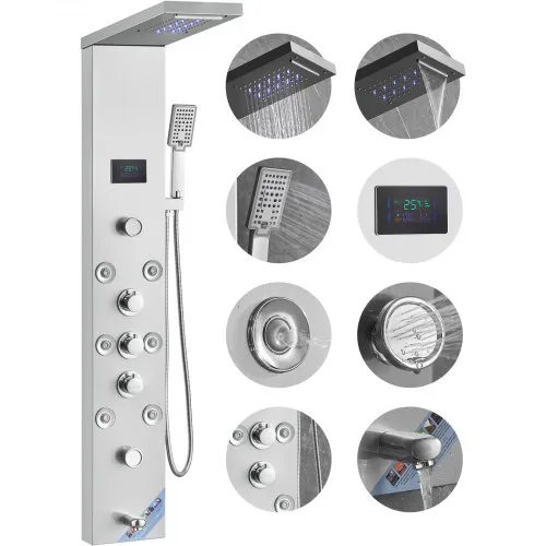 VEVOR Shower Panel System, 6 Shower Modes, LED & Screen Hydroelectricity Shower Panel Tower, Rainfall, Waterfall, 8 Massage Jets, Tub Spout, Handheld Shower, Stainless Steel Wall-Mounted Shower Set