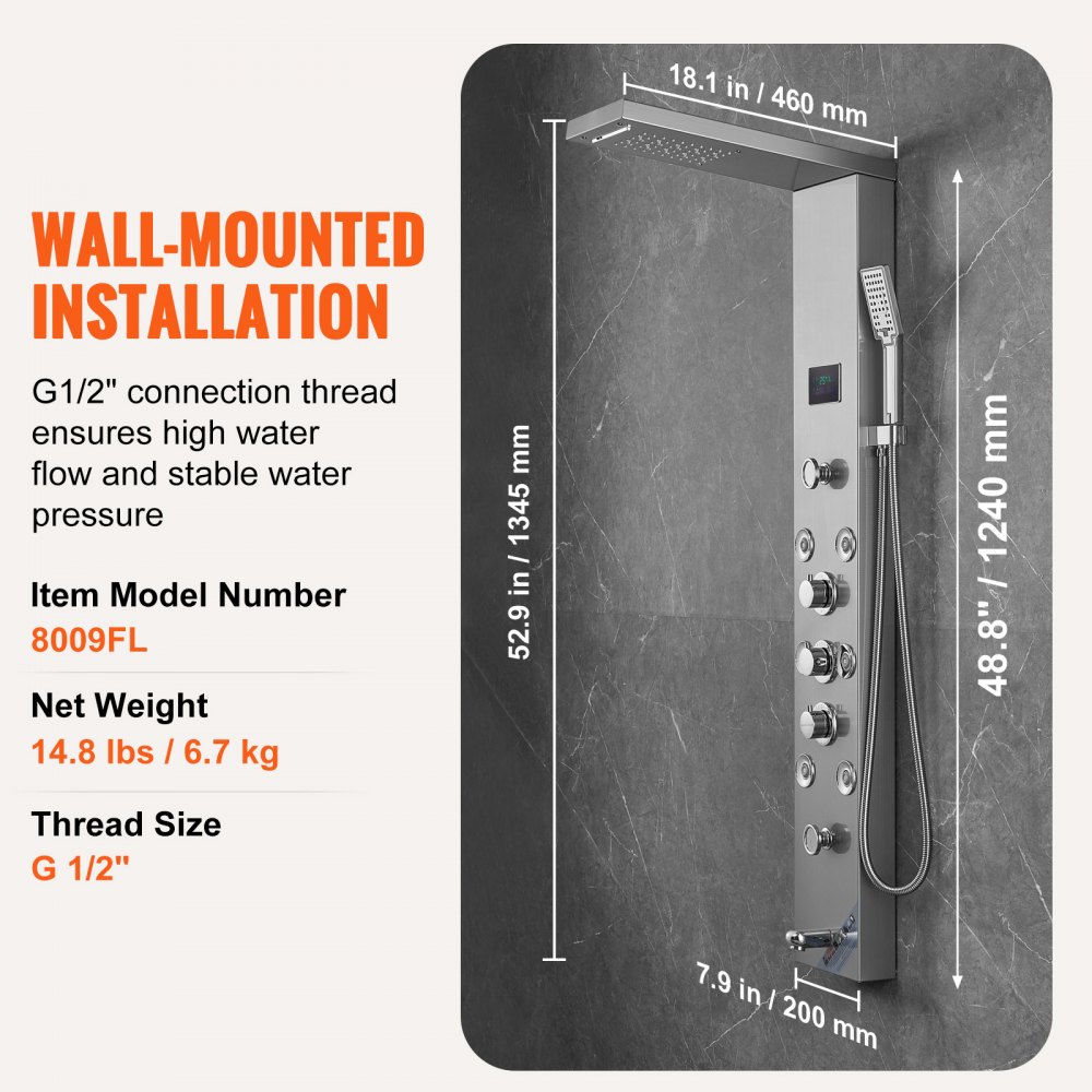 VEVOR Shower Panel System, 6 Shower Modes, LED & Screen Hydroelectricity Shower Panel Tower, Rainfall, Waterfall, 8 Massage Jets, Tub Spout, Handheld Shower, Stainless Steel Wall-Mounted Shower Set