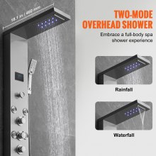 Système de panneau de douche VEVOR, 6 modes de douche, tour de panneau de douche hydroélectrique à LED et écran, pluie, cascade, 8 jets de massage, bec de baignoire, douche à main, ensemble de douche mural en acier inoxydable