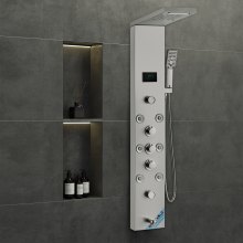 Système de panneau de douche VEVOR, 6 modes de douche, tour de panneau de douche hydroélectrique à LED et écran, pluie, cascade, 8 jets de massage, bec de baignoire, douche à main, ensemble de douche mural en acier inoxydable