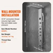 VEVOR Shower Panel System, 6 Shower Modes, LED & Screen Hydroelectricity Shower Panel Tower, Rainfall, Waterfall, 8 Massage Jets, Tub Spout, Handheld Shower, Stainless Steel Wall-Mounted Shower Set