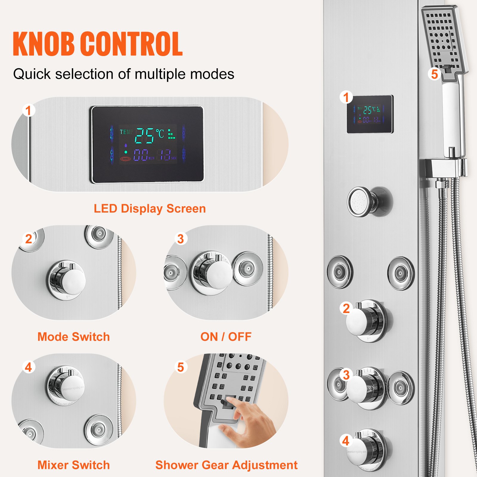 VEVOR Shower Panel System, 6 Shower Modes, LED & Screen Hydroelectricity Shower Panel Tower, Rainfall, Waterfall, 8 Massage Jets, Tub Spout, Handheld Shower, Stainless Steel Wall-Mounted Shower Set
