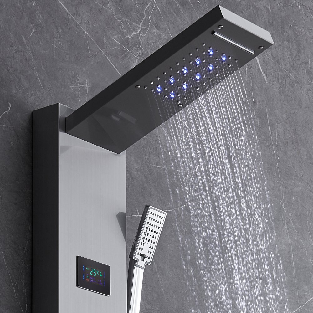 VEVOR Shower Panel System, 6 Shower Modes, LED & Screen Hydroelectricity Shower Panel Tower, Rainfall, Waterfall, 5 Massage Jets, Tub Spout, Handheld Shower, Stainless Steel Wall-Mounted Shower Set