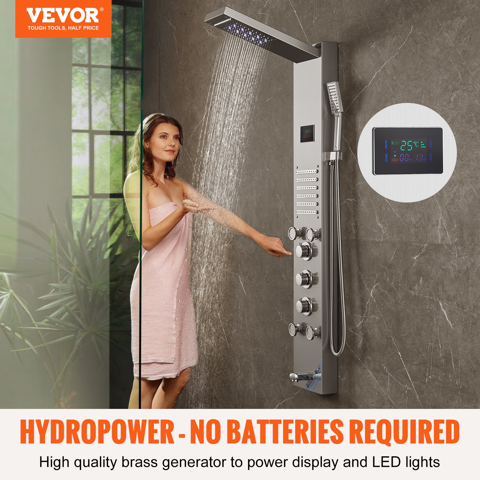 VEVOR Shower Panel System, 6 Shower Modes, LED & Screen Hydroelectricity Shower Panel Tower, Rainfall, Waterfall, 5 Massage Jets, Tub Spout, Handheld Shower, Stainless Steel Wall-Mounted Shower Set