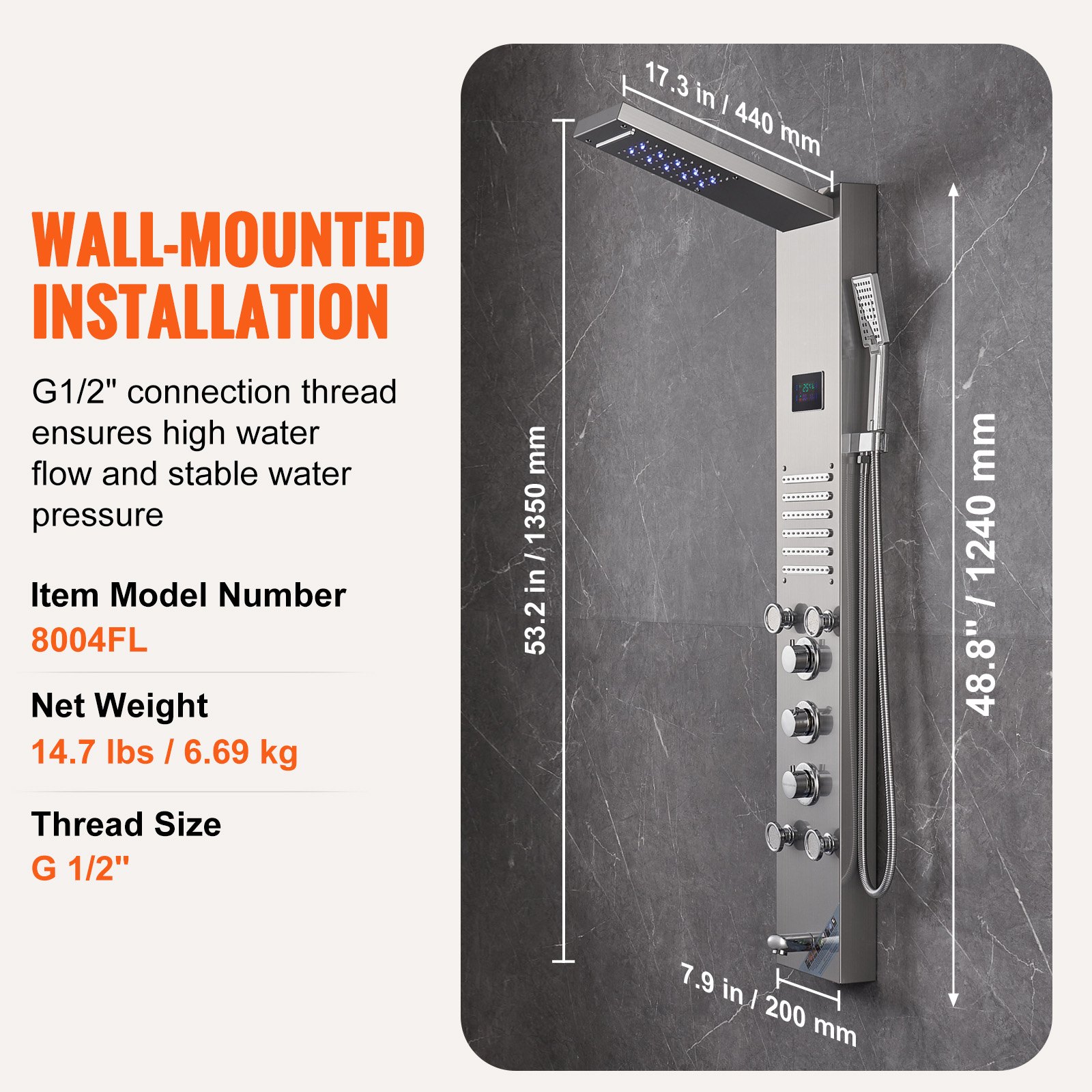 VEVOR Shower Panel System, 6 Shower Modes, LED & Screen Hydroelectricity Shower Panel Tower, Rainfall, Waterfall, 5 Massage Jets, Tub Spout, Handheld Shower, Stainless Steel Wall-Mounted Shower Set