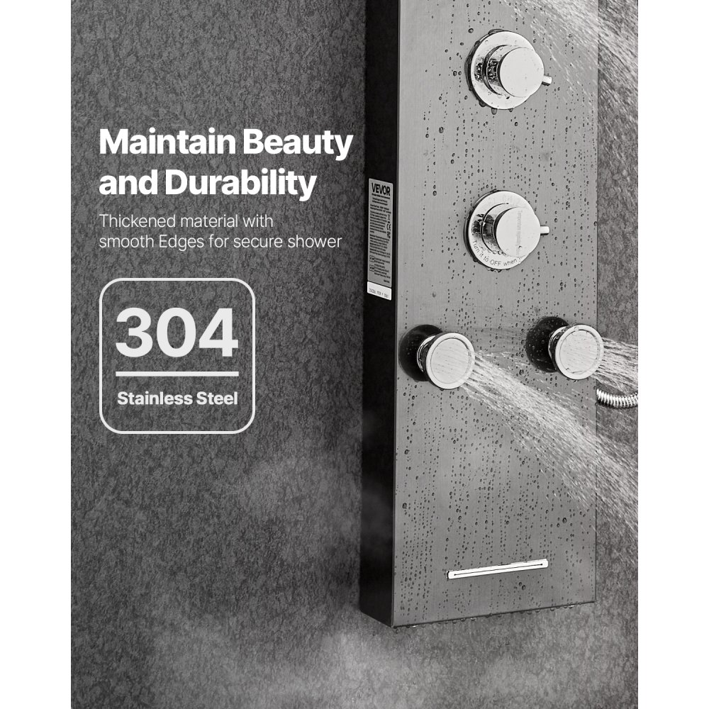 VEVOR Shower Panel Tower System with Rainfall Shower Head, LED, 53 in Brushed Stainless Steel Shower Column, 6-Function Faucet, Wall-Mount Rain Massage System with 5 Body Jets, Handheld, Tub Spout