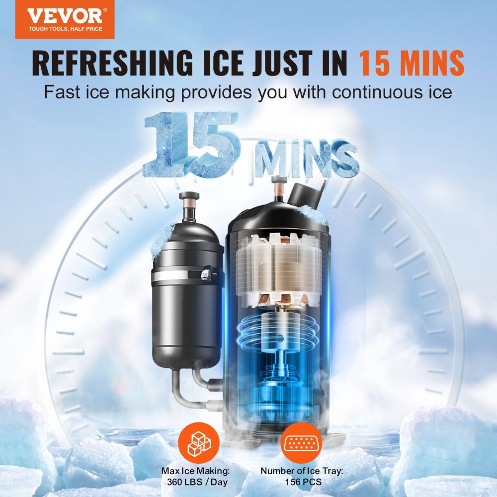 Máquina de hielo comercial VEVOR de 360 libras/24 horas y depósito de almacenamiento de 222 libras con autolimpieza automática