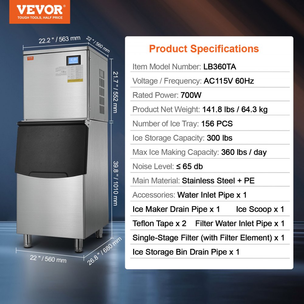 Máquina de hielo comercial VEVOR de 360 libras/24 horas y depósito de almacenamiento de 222 libras con autolimpieza automática