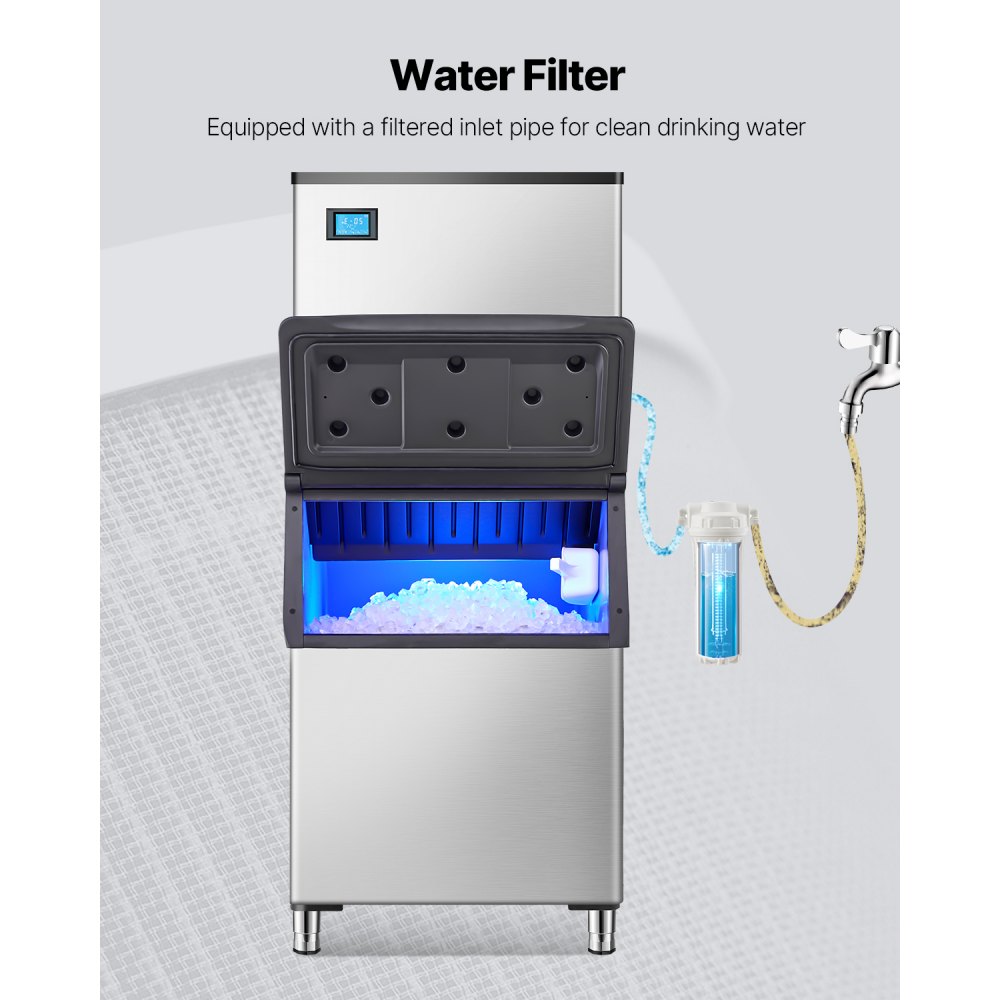 VEVOR - Contenedor de hielo comercial para máquina de hielo, capacidad de 227 kg, de acero inoxidable con filtro y patas de goma antideslizantes ajustables, apto para restaurantes, hoteles y tiendas de bebidas.
