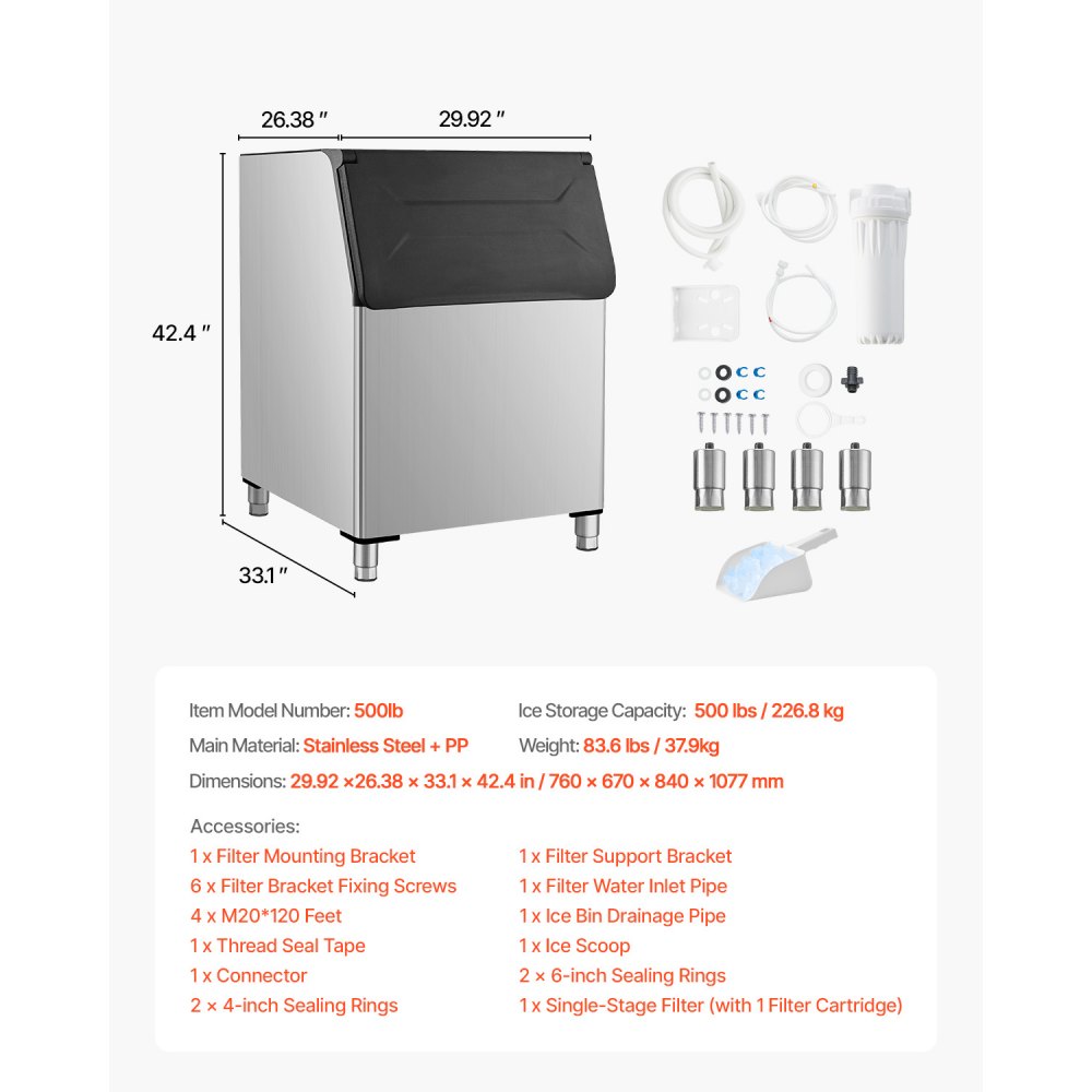 VEVOR - Contenedor de hielo comercial para máquina de hielo, capacidad de 227 kg, de acero inoxidable con filtro y patas de goma antideslizantes ajustables, apto para restaurantes, hoteles y tiendas de bebidas.