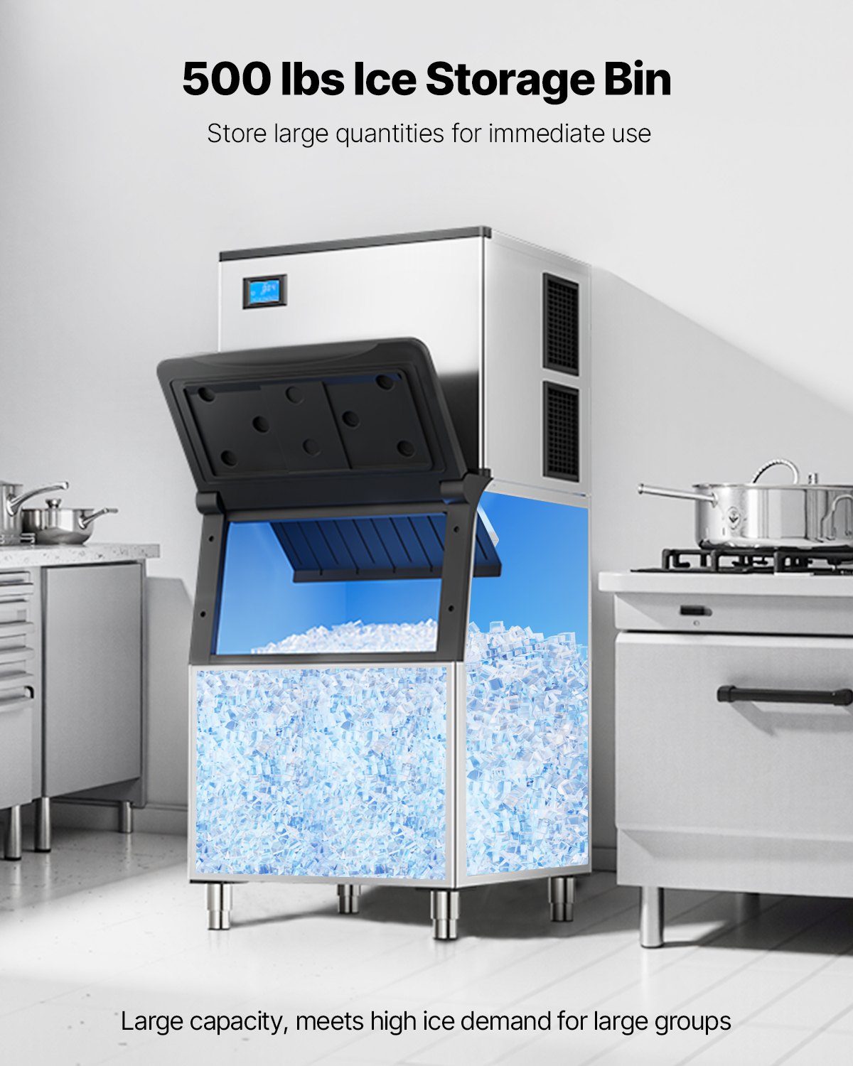 VEVOR - Contenedor de hielo comercial para máquina de hielo, capacidad de 227 kg, de acero inoxidable con filtro y patas de goma antideslizantes ajustables, apto para restaurantes, hoteles y tiendas de bebidas.
