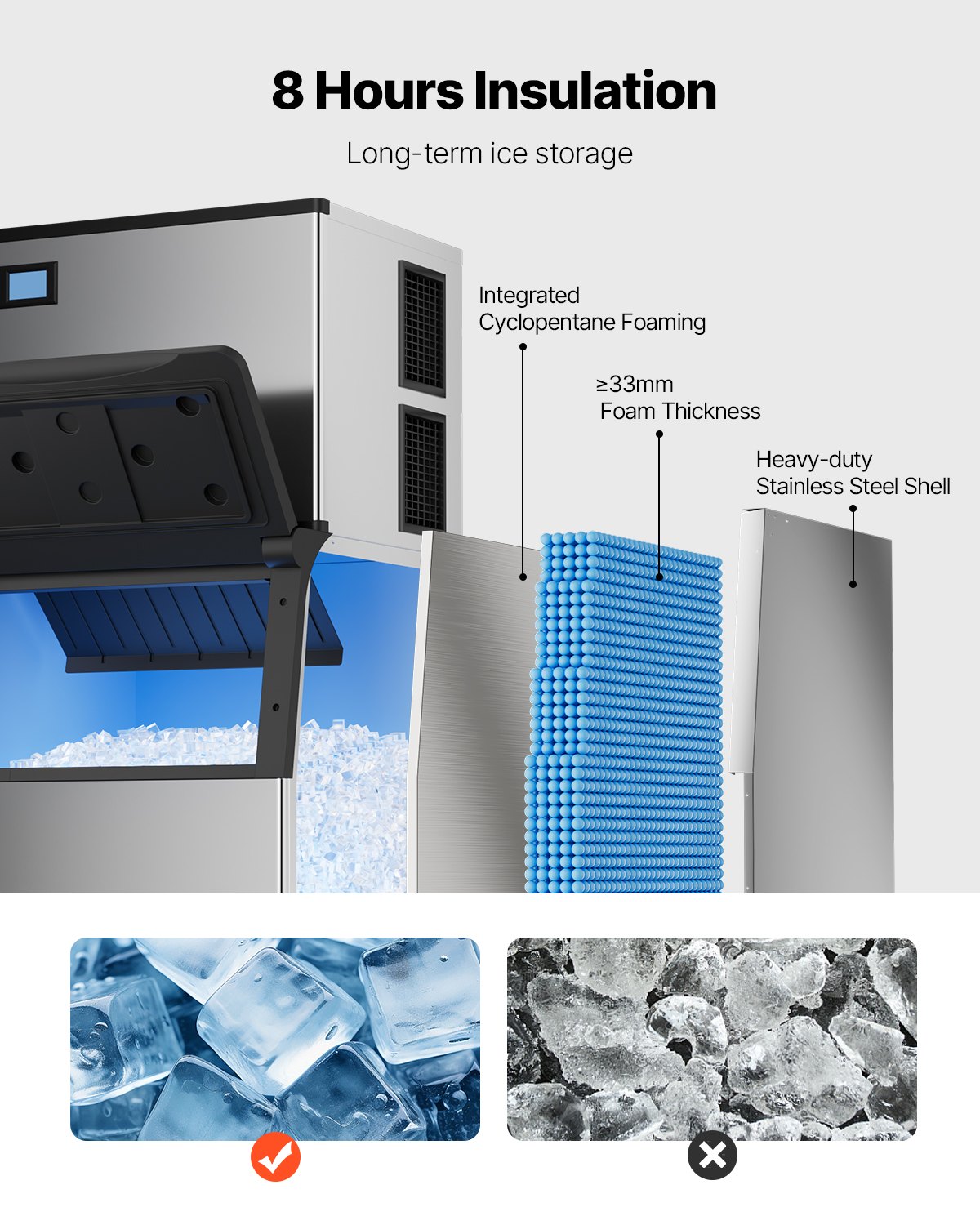 VEVOR - Contenedor de hielo comercial para máquina de hielo, capacidad de 227 kg, de acero inoxidable con filtro y patas de goma antideslizantes ajustables, apto para restaurantes, hoteles y tiendas de bebidas.