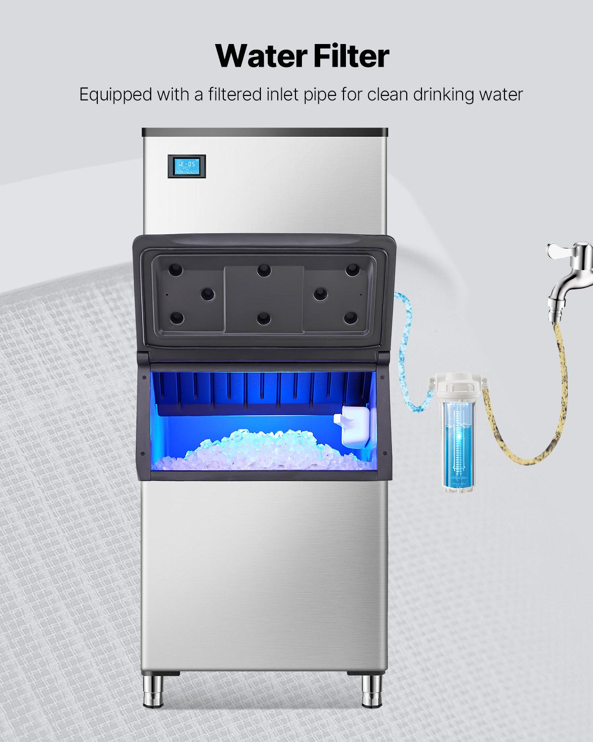 VEVOR - Contenedor de hielo comercial para máquina de hielo, capacidad de 227 kg, de acero inoxidable con filtro y patas de goma antideslizantes ajustables, apto para restaurantes, hoteles y tiendas de bebidas.