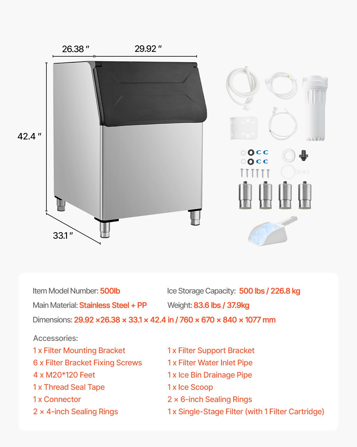 VEVOR - Contenedor de hielo comercial para máquina de hielo, capacidad de 227 kg, de acero inoxidable con filtro y patas de goma antideslizantes ajustables, apto para restaurantes, hoteles y tiendas de bebidas.