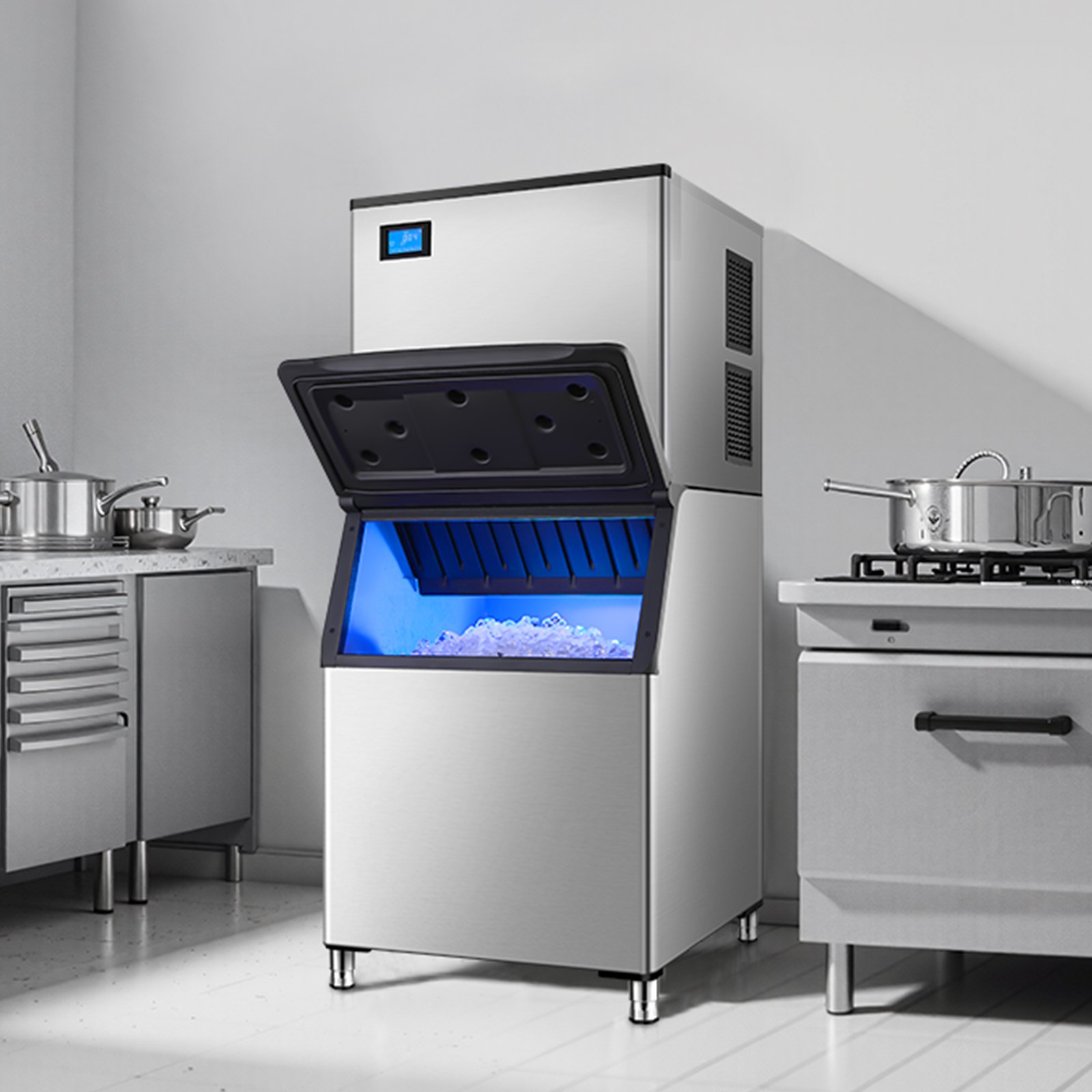 VEVOR - Contenedor de hielo comercial para máquina de hielo, capacidad de 227 kg, de acero inoxidable con filtro y patas de goma antideslizantes ajustables, apto para restaurantes, hoteles y tiendas de bebidas.