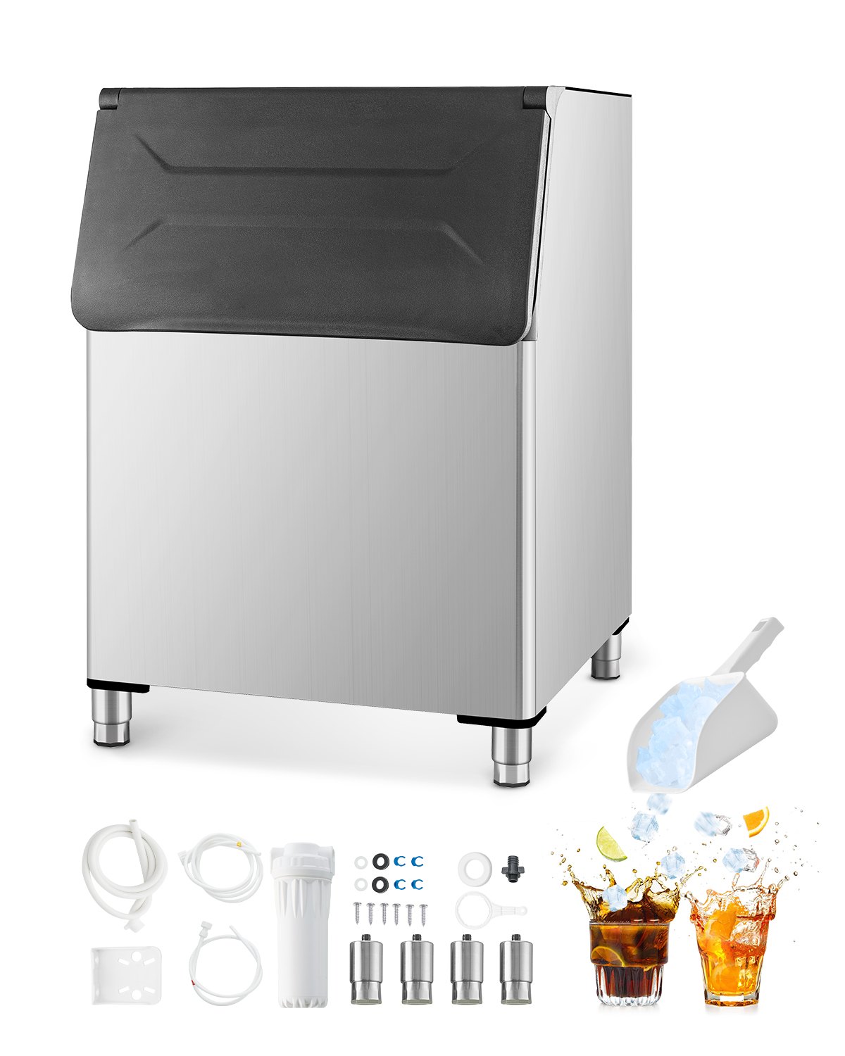 VEVOR - Contenedor de hielo comercial para máquina de hielo, capacidad de 227 kg, de acero inoxidable con filtro y patas de goma antideslizantes ajustables, apto para restaurantes, hoteles y tiendas de bebidas.