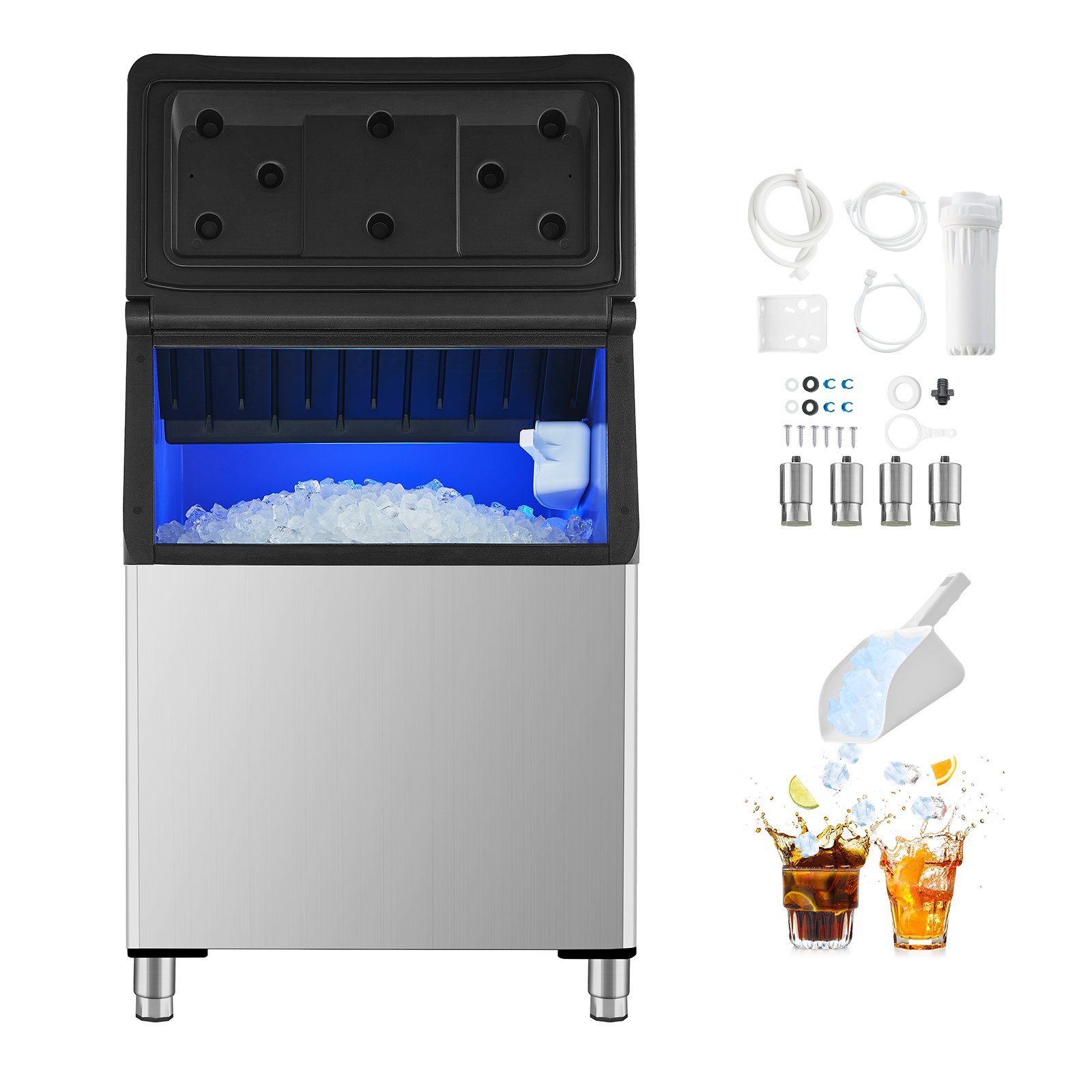 VEVOR - Contenedor de hielo comercial para máquina de hielo, capacidad de 227 kg, de acero inoxidable con filtro y patas de goma antideslizantes ajustables, apto para restaurantes, hoteles y tiendas de bebidas.