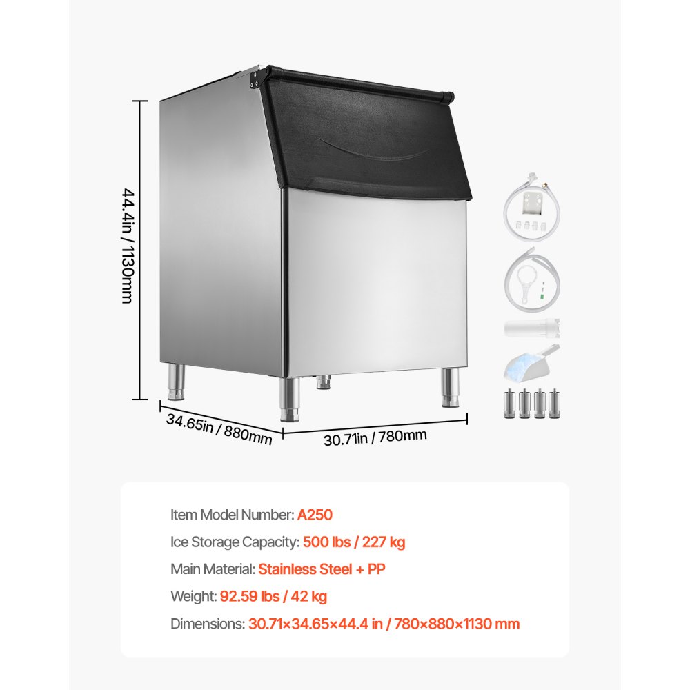 VEVOR Commercial Ice Maker Storage Bin, 500 LBS Capacity Ice-Bin, Stainless Steel Commercial Ice Storage Bin with Adjustable Anti-slip Rubber Feet, Suitable for Restaurant Hotel and Beverage Shops