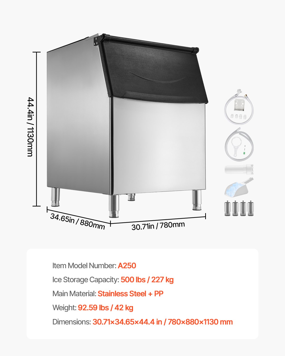 VEVOR Commercial Ice Maker Storage Bin, 500 LBS Capacity Ice-Bin, Stainless Steel Commercial Ice Storage Bin with Adjustable Anti-slip Rubber Feet, Suitable for Restaurant Hotel and Beverage Shops