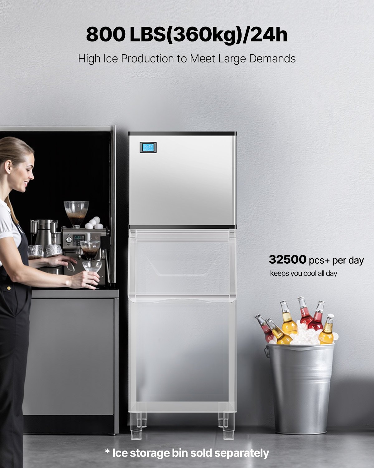 VEVOR Commercial Ice Maker Machine 800 lbs/24 h, 26 Inch Stainless Steel Industrial Ice Machine, Self-Cleaning and Scheduled Ice Making, Modular Ice Cube Machine for Restaurant Hotel - Head Only