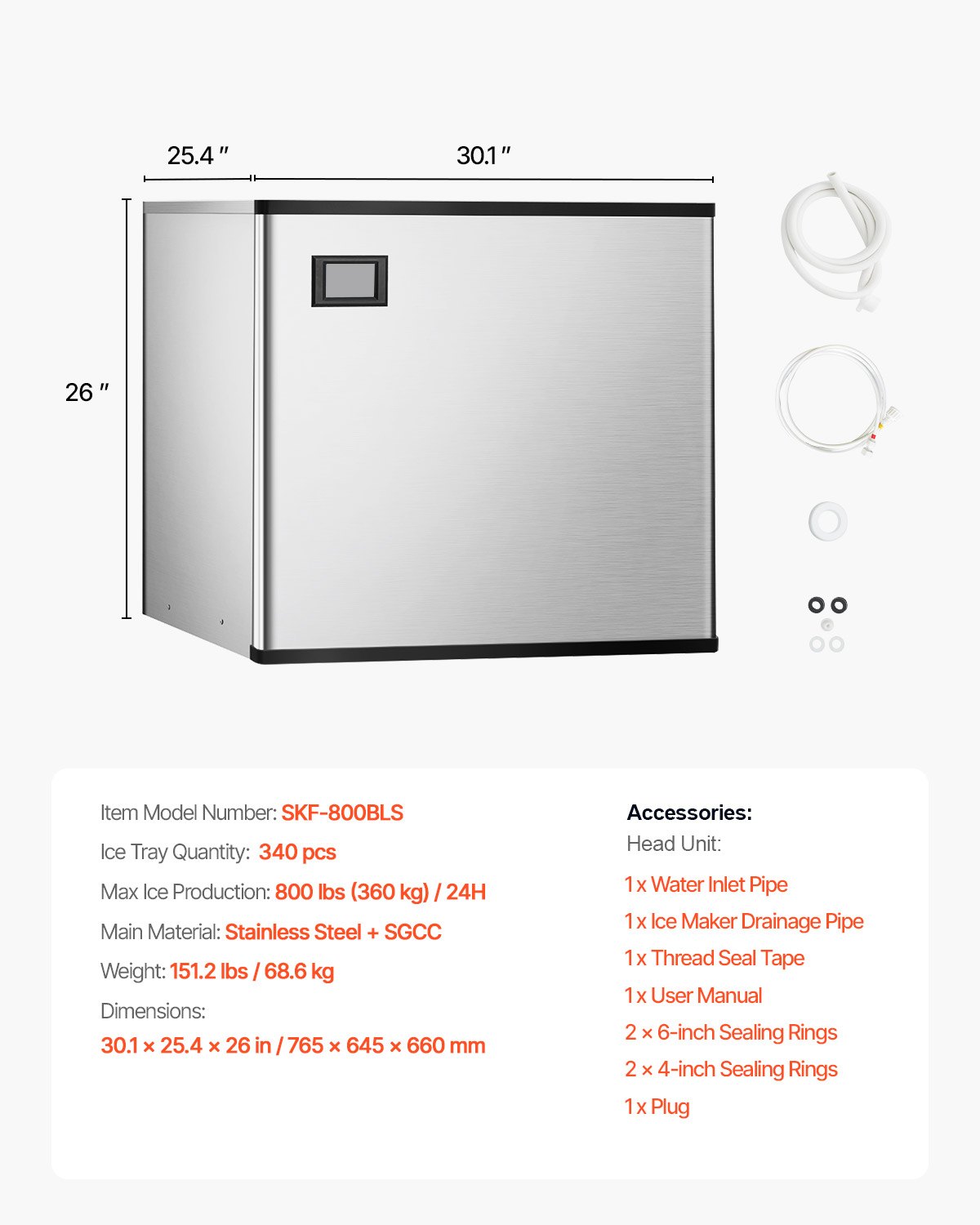 VEVOR Commercial Ice Maker Machine 800 lbs/24 h, 26 Inch Stainless Steel Industrial Ice Machine, Self-Cleaning and Scheduled Ice Making, Modular Ice Cube Machine for Restaurant Hotel - Head Only