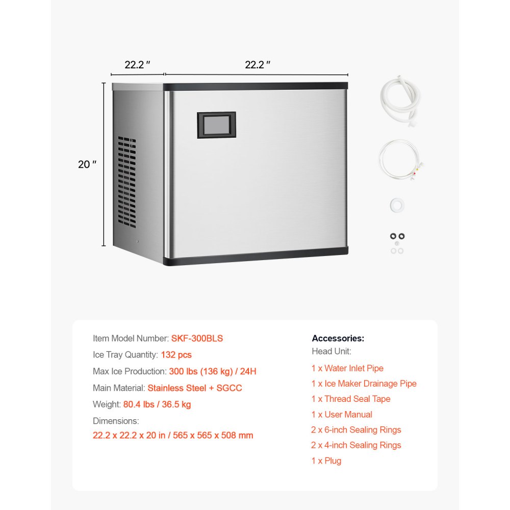 Máquina de hielo comercial VEVOR de 136 kg/24 h, máquina de hielo industrial de acero inoxidable de 50 cm, autolimpiable y programada, máquina modular para hacer cubitos de hielo en restaurantes y hoteles (solo cabezal)