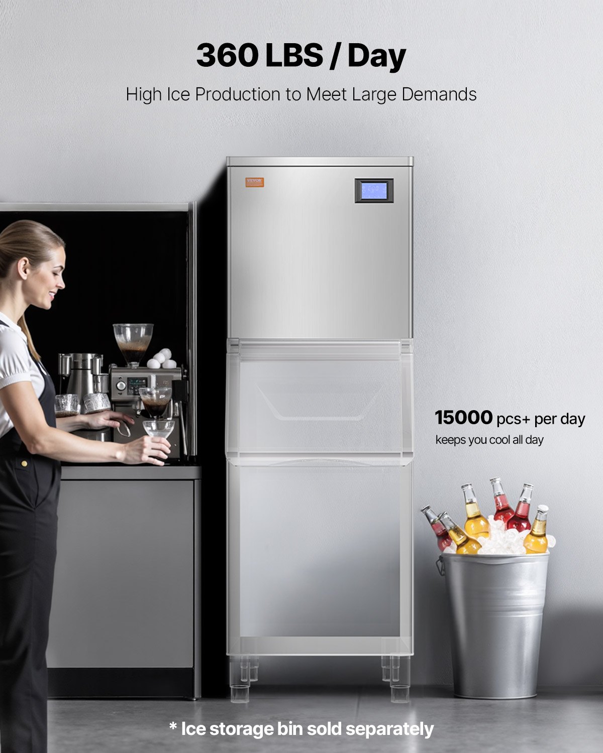 Máquina de hielo comercial VEVOR de 160 kg/día, máquina de hielo industrial de acero inoxidable de 56 cm, autolimpiable y programada, máquina modular para hacer cubitos de hielo en restaurantes y hoteles (solo cabezal)