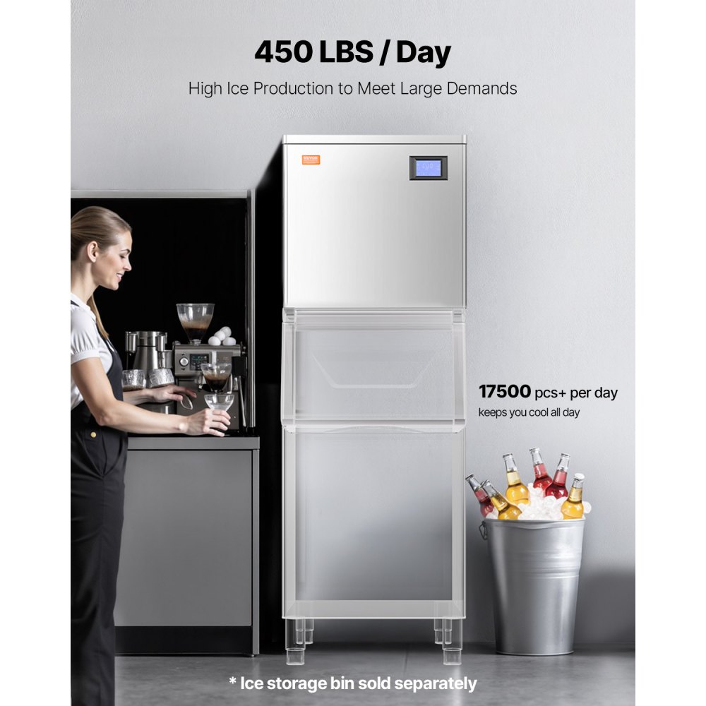 Máquina de hielo comercial VEVOR de 203 kg/día, máquina de hielo industrial de acero inoxidable de 56 cm, autolimpiable y programada, máquina modular para hacer cubitos de hielo en restaurantes y hoteles (solo cabezal)