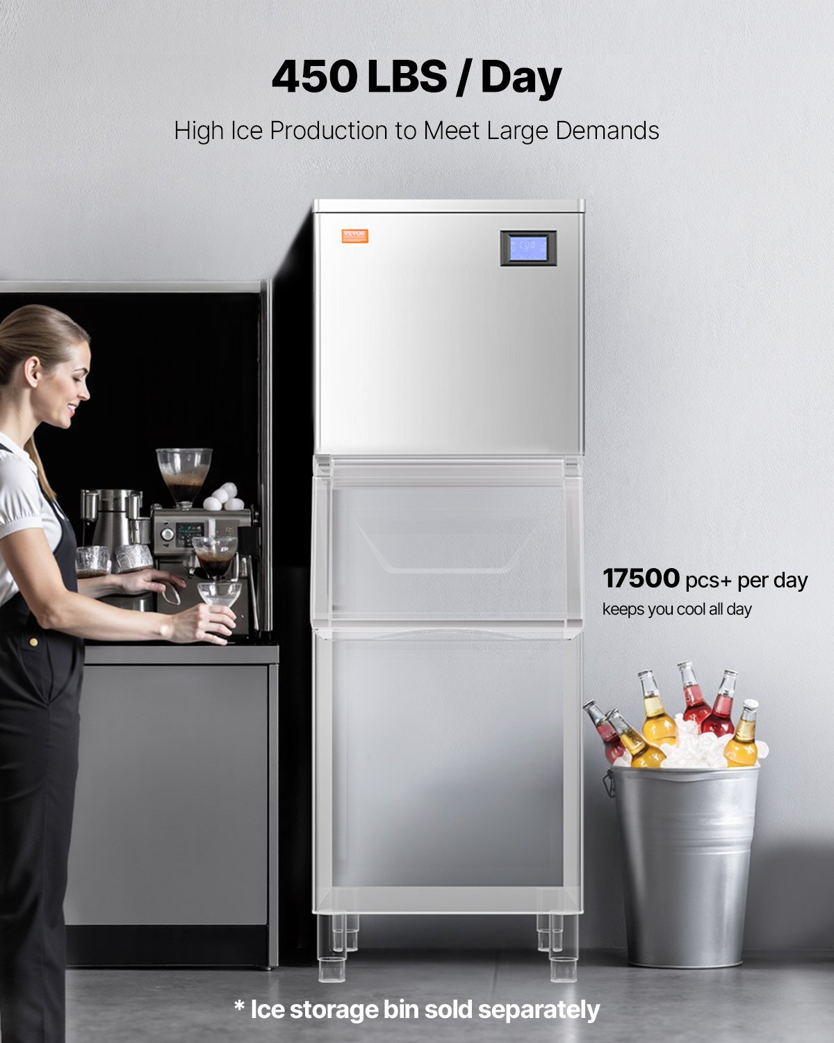 Máquina de hielo comercial VEVOR de 203 kg/día, máquina de hielo industrial de acero inoxidable de 56 cm, autolimpiable y programada, máquina modular para hacer cubitos de hielo en restaurantes y hoteles (solo cabezal)