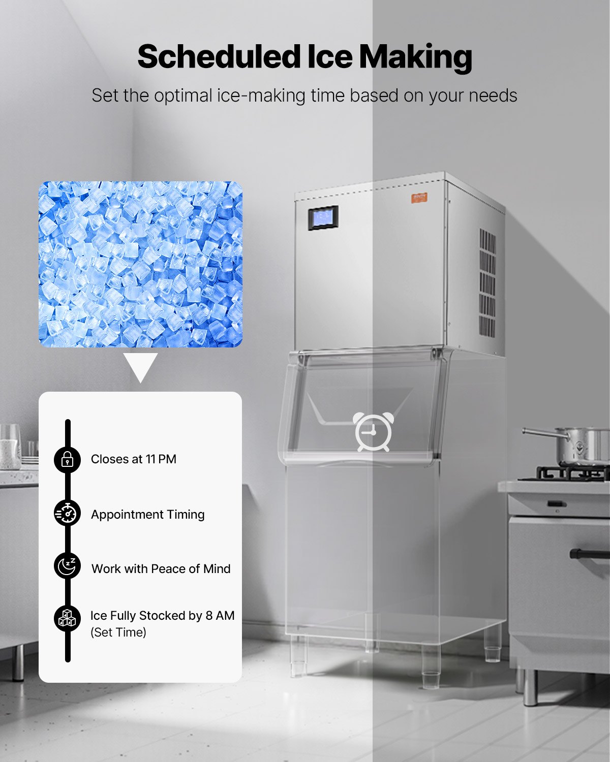 Máquina de hielo comercial VEVOR de 203 kg/día, máquina de hielo industrial de acero inoxidable de 56 cm, autolimpiable y programada, máquina modular para hacer cubitos de hielo en restaurantes y hoteles (solo cabezal)