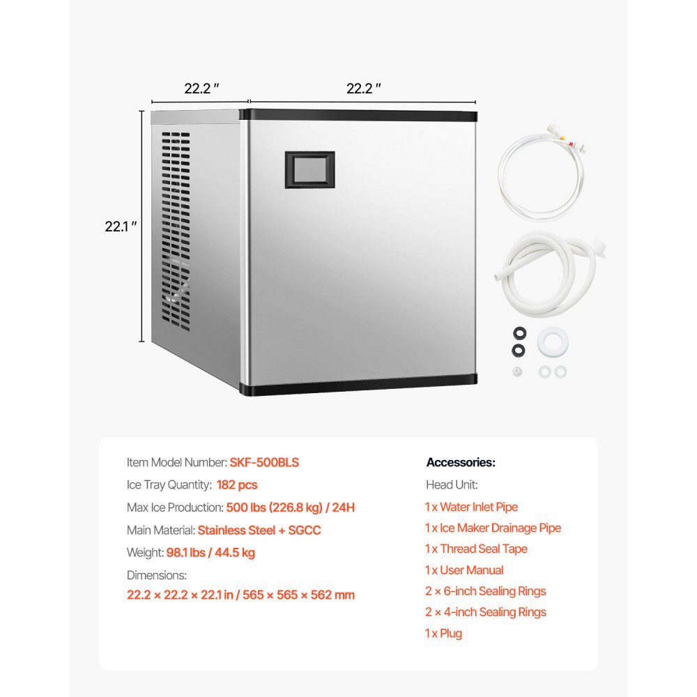 Máquina de hielo comercial VEVOR de 226 kg/24 h, máquina de hielo industrial de acero inoxidable de 56 cm, autolimpiable y programada, máquina modular de cubitos de hielo para restaurantes y hoteles (solo cabezal)