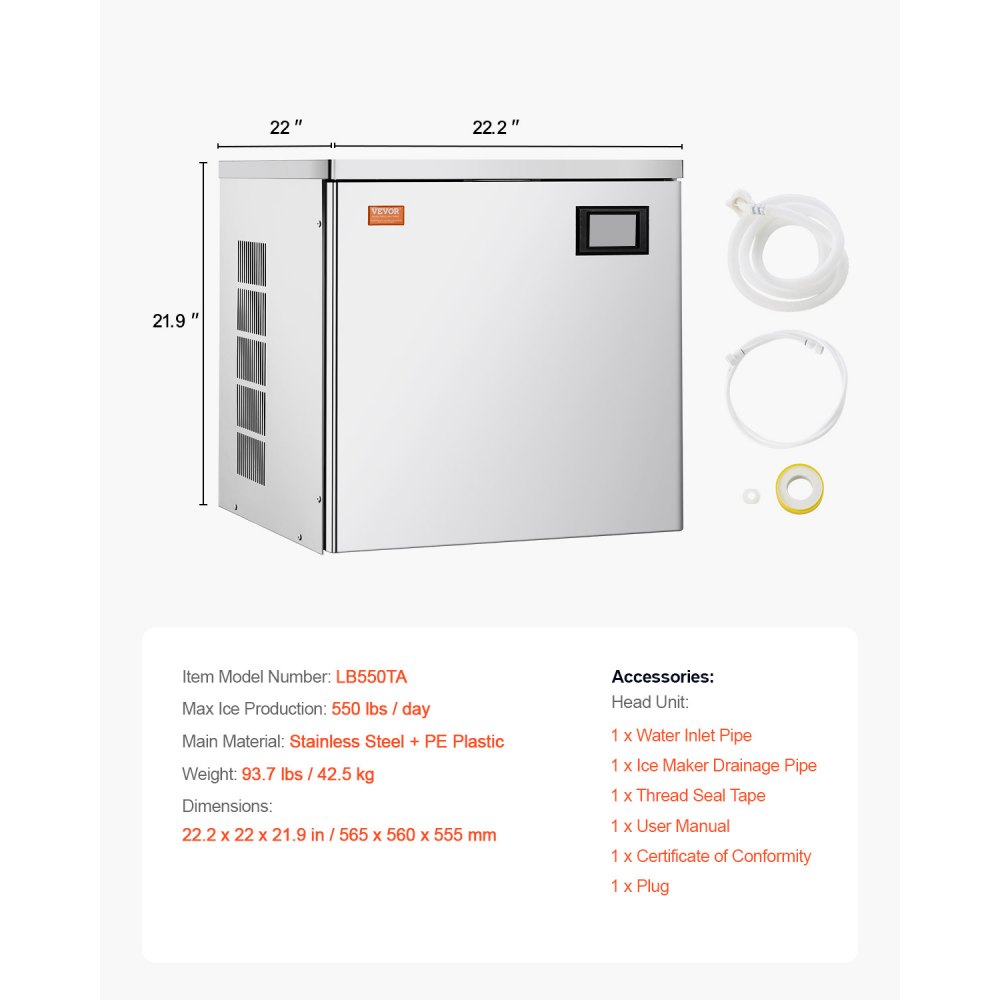 VEVOR Commercial Ice Maker Machine-Head 550 lbs/Day, 22 Inch Stainless Steel Industrial Ice Machine, Self-Cleaning and Scheduled Ice Making, Modular Ice Cube Machine for Restaurant Hotel - Head Only