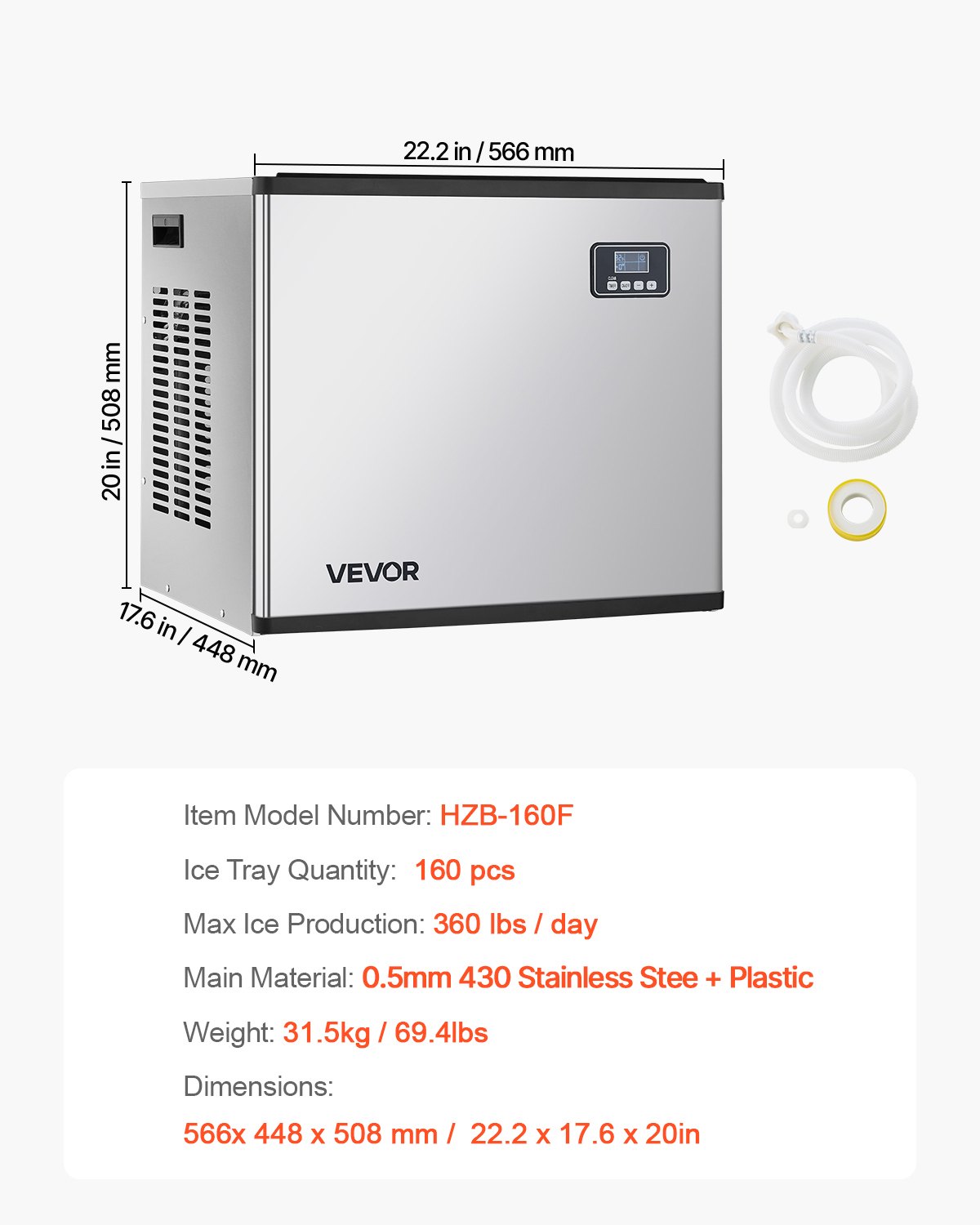 VEVOR Commercial Ice Maker Machine - Head, 360 Lbs/Day Stainless Steel Ice Machine with Self-Cleaning, Scheduled Ice-Making, Adjustable Thickness, Ideal for Restaurant Bar Cafe Hotel - Head Only