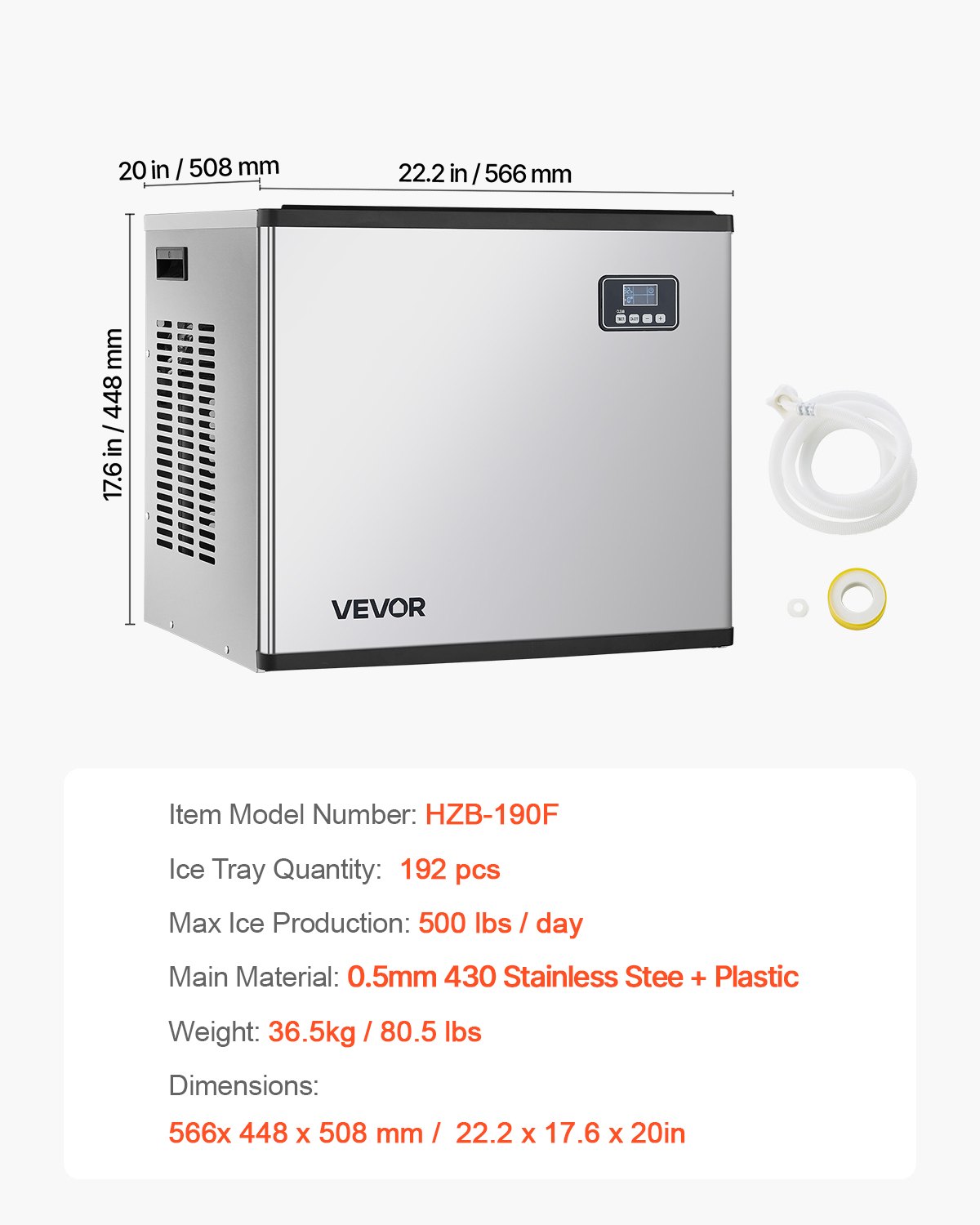 VEVOR Commercial Ice Maker Machine - Head, 500 Lbs/Day Stainless Steel Ice Machine with Self-Cleaning, Scheduled Ice-Making, Adjustable Thickness, Ideal for Restaurant Bar Cafe Hotel - Head Only