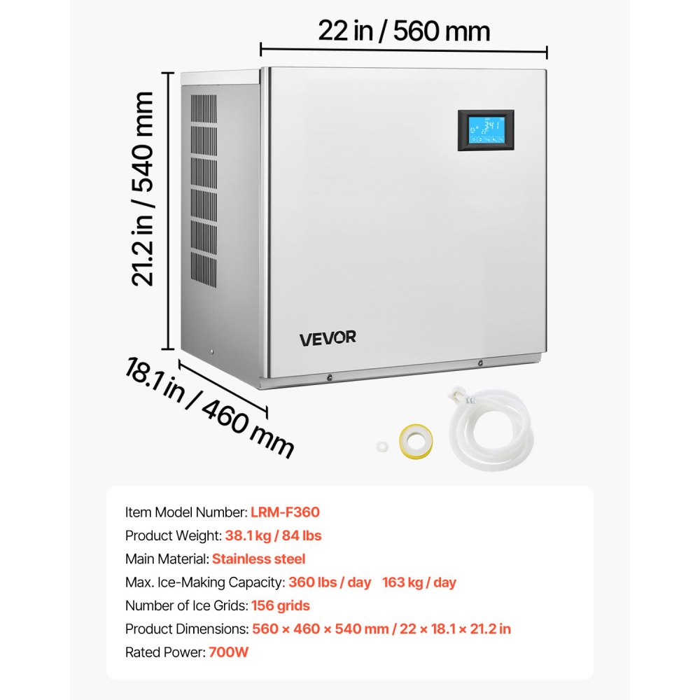 VEVOR Commercial Ice Maker Machine - Head, 163 KG/Day Stainless Steel Ice Machine with Self-Cleaning, 156 PCS Ice Tray, Adjustable Thickness, Ideal for Restaurant Bar Cafe Hotel - Head Only