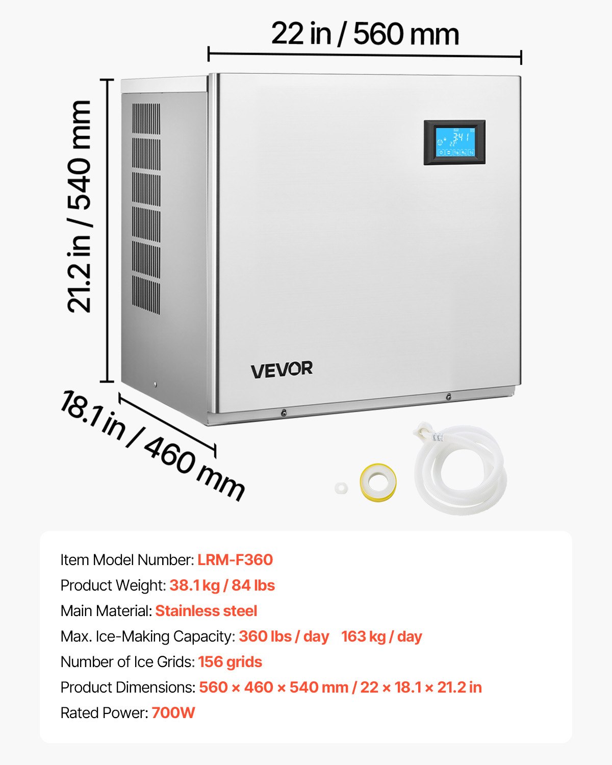 VEVOR Commercial Ice Maker Machine - Head, 163 KG/Day Stainless Steel Ice Machine with Self-Cleaning, 156 PCS Ice Tray, Adjustable Thickness, Ideal for Restaurant Bar Cafe Hotel - Head Only